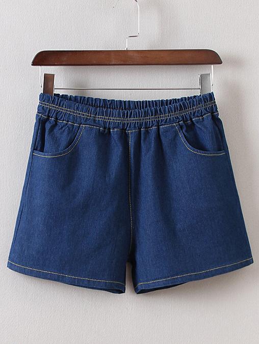 Shein Dark Blue Elastic High Waist Denim Shorts