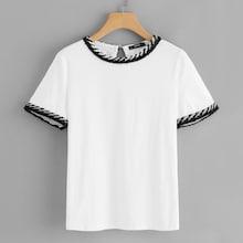 Shein Keyhole Back Striped Trim T-shirt