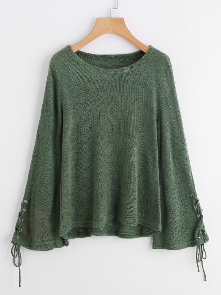 Shein Eyelet Lace Up Sleeve Sweater