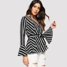 Shein Flounce Sleeve Striped Wrap Top