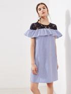Shein Contrast Lace Frill Trim Pinstripe Dress