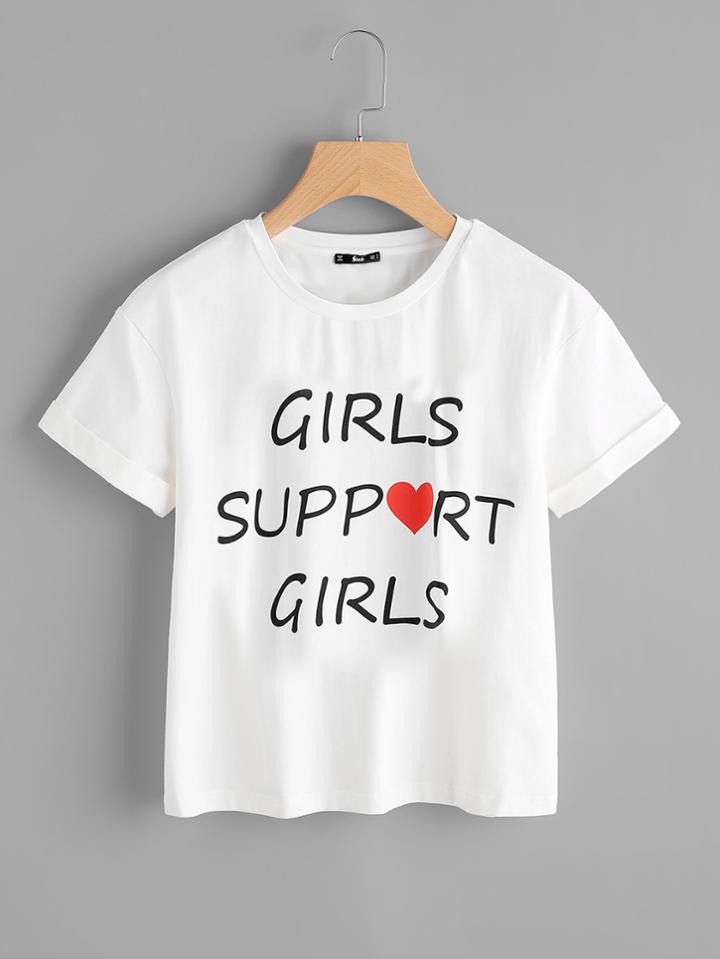 Shein Slogan Print Rolled Sleeve Tee