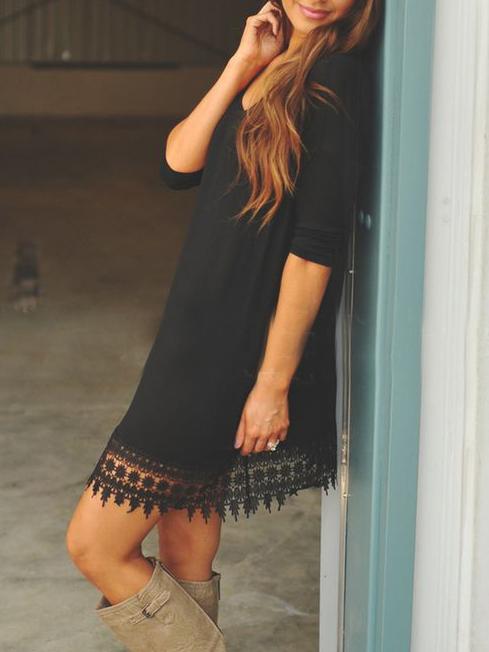 Shein Black Round Neck Lace Hem Loose Dress