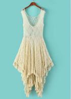 Rosewe White Round Neck High Low Hem Lace Dress