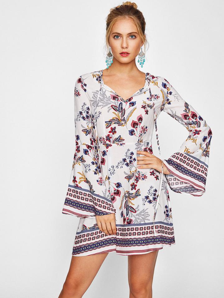Shein Tie Neck Fluted Sleeve Botanical Dress