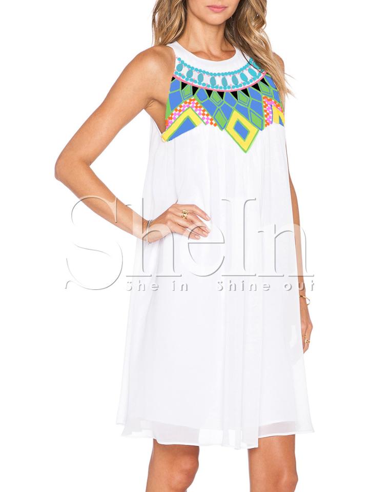 Shein White Sleeveless Geometric Print Petites Dress