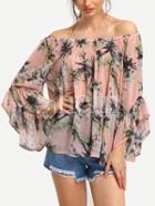 Shein Pink Boat Neck Ruffle Sleeve Florals Chiffon Shirt