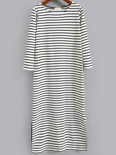 Shein White Black Round Neck Striped Split Dress