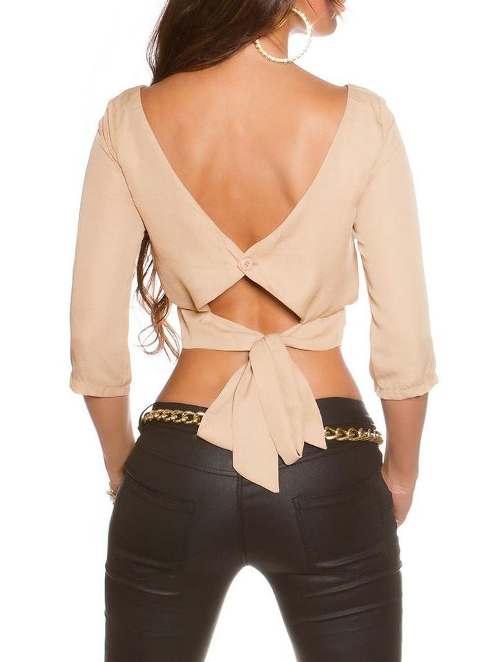 Shein Apricot Bow Waist V Back Crop Blouse