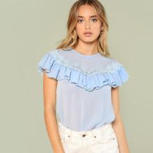Shein Lace Applique Ruffle Shoulder Top