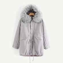 Shein Drawstring Waist Contrast Faux Fur Hooded Outerwear