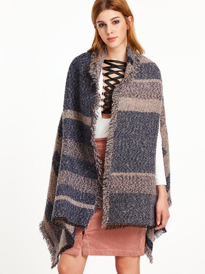 Shein Navy And Pink Eyelash Fringe Striped Fuzzy Shawl