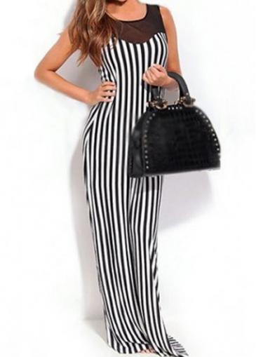 Rosewe Sleeveless Mesh Splicing Vertical Stripe Print Maxi Dress
