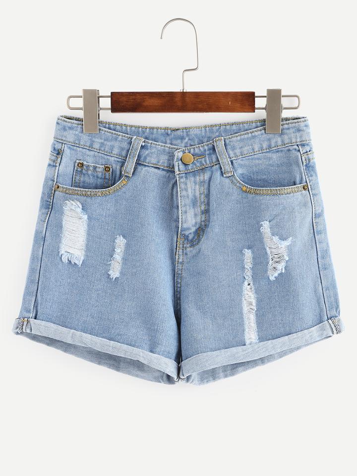 Shein Ripped Rolled Hem Light Blue Denim Shorts