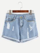 Shein Ripped Rolled Hem Light Blue Denim Shorts