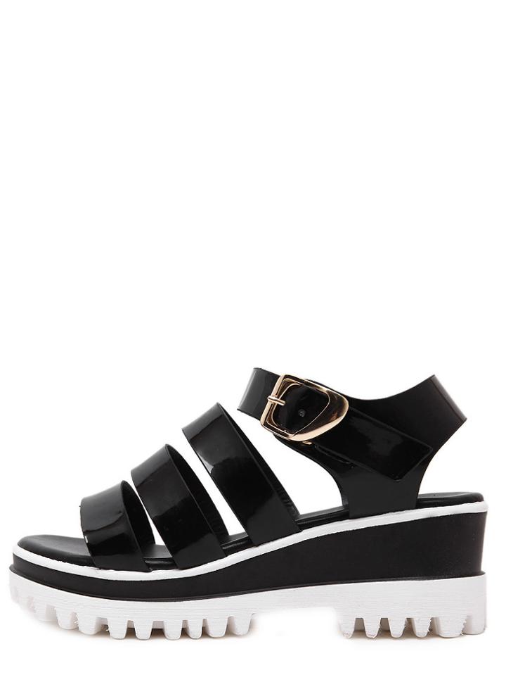 Shein Black Open Toe Buckle Strap Platform Sandals