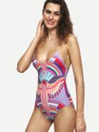 Shein Multicolor Tribal Print Lace Up One Piece Swimwear