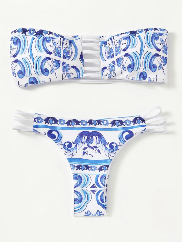 Shein Porcelain Print Ladder Cutout Bandeau Bikini Set