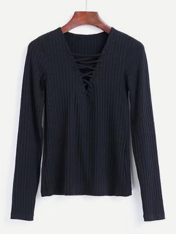 Shein Lace Up V Neck Rib Top