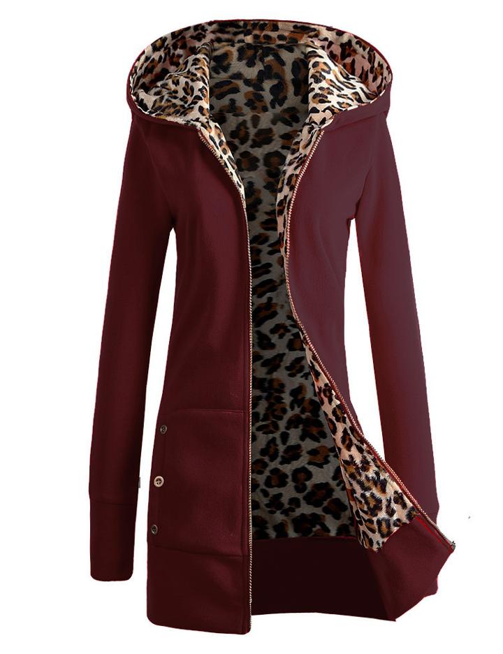 Shein Red Hooded Leopard Buttons Slim Sweatshirt