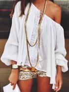 Shein White Tie-neck Lace Loose Blouse