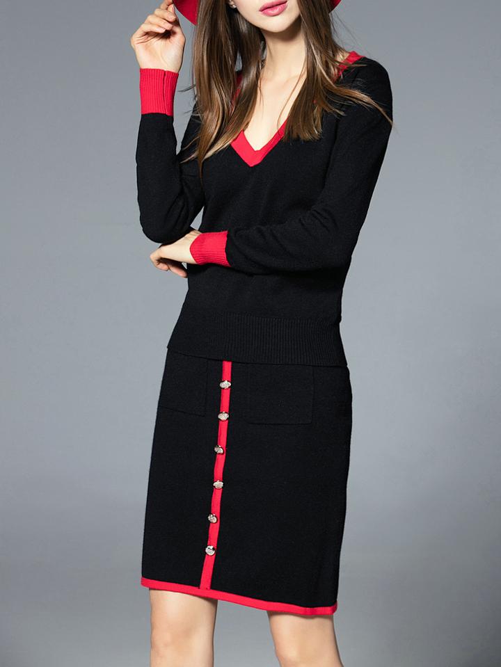 Shein Black V Neck Knit Top With Pockets Skirt