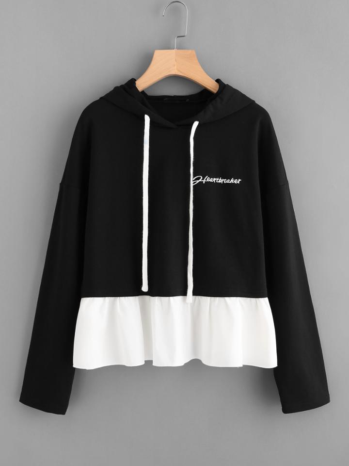 Shein Contrast Ruffle Hem Embroidered Hoodie
