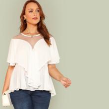 Shein Plus Mesh Insert Ruffle Trim Top