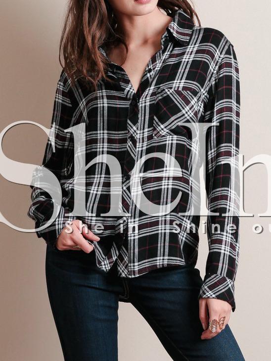 Shein Black Plaid Boyfriend Blouse
