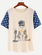 Shein Contrast Star Sleeve Cat Print T-shirt - Beige