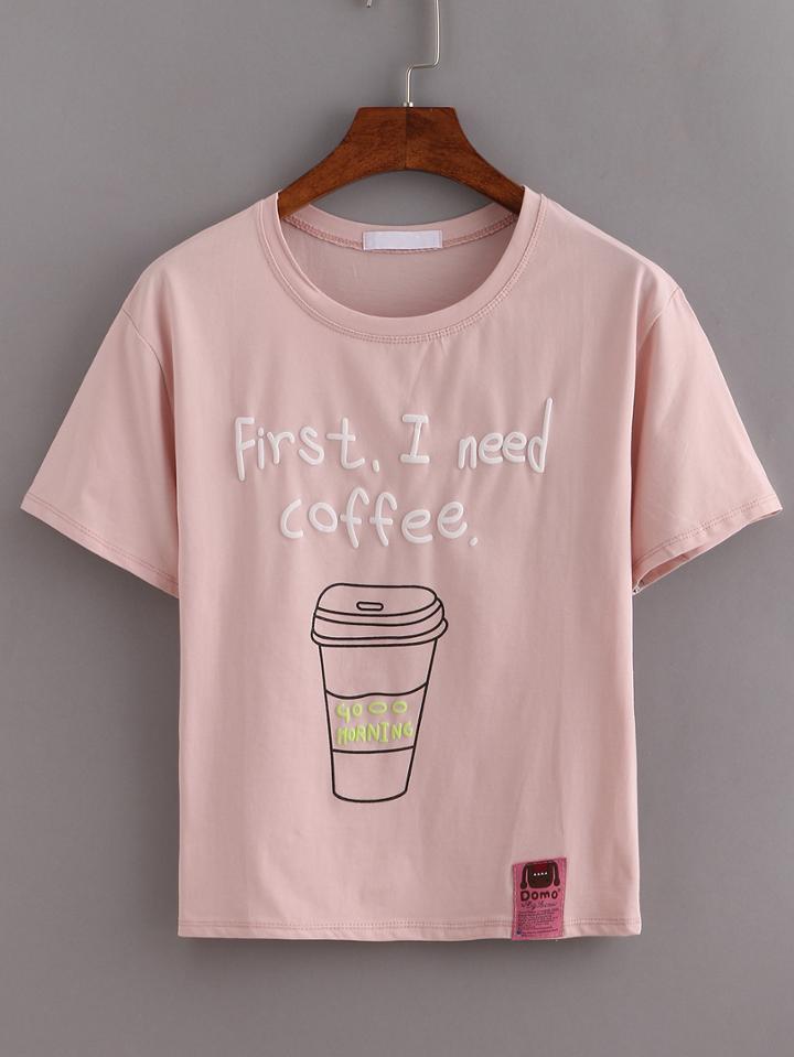 Shein Coffee Print Pink T-shirt
