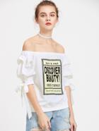 Shein Graphic Print Bow Tie Ruched Sleeve Bardot T-shirt