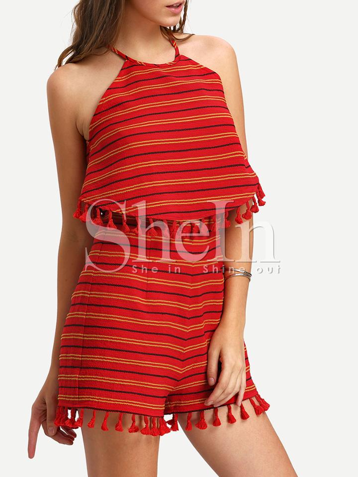 Shein Red Layered Top Fringe Trim Cutaway Jumpsuit