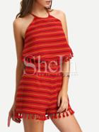 Shein Red Layered Top Fringe Trim Cutaway Jumpsuit