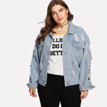Shein Plus Button Up Ripped Denim Jacket
