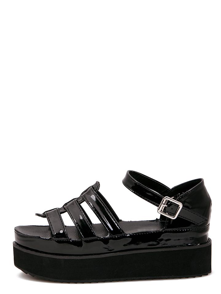 Shein Black Faux Patent Leather Open Toe Wedge Sandals