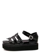Shein Black Faux Patent Leather Open Toe Wedge Sandals
