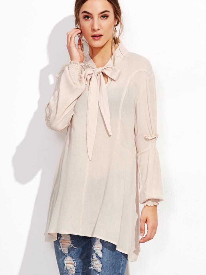 Shein Apricot Bow Tie Neck Shirred Sleeve Blouse