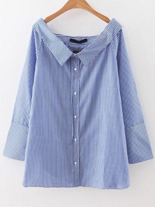 Shein Blue Striped Boat Neck Side Slit Button Top