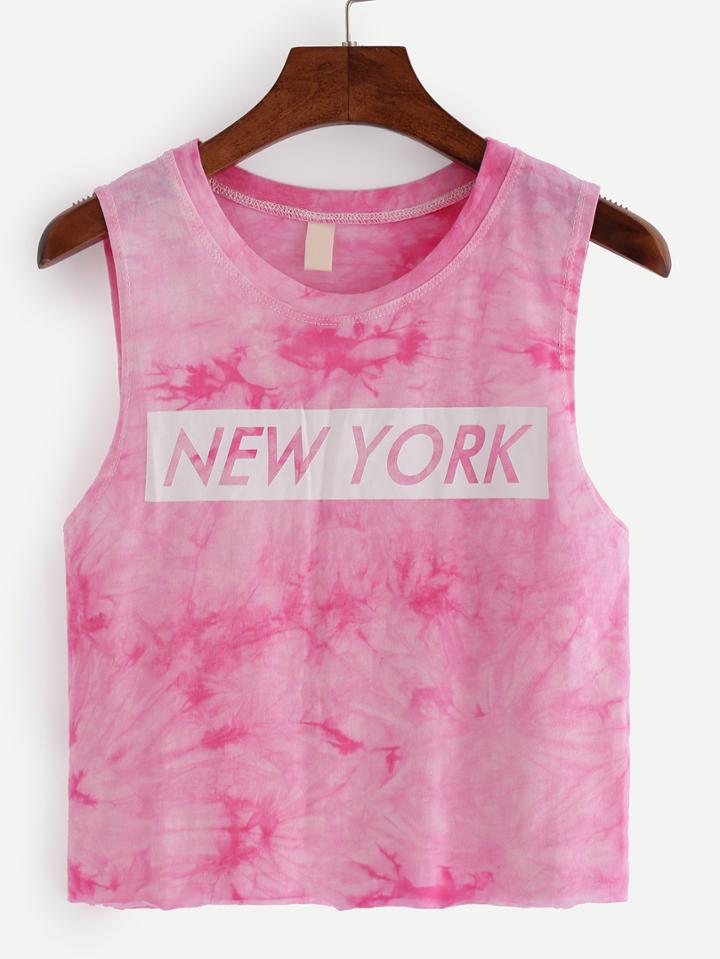 Shein Letter Print Tie Dye Tank Top - Pink