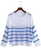 Shein Blue White Round Neck Striped Knit Sweater