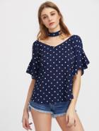 Shein Double V-neckline Frill Cuff Polka Dot Top With Choker