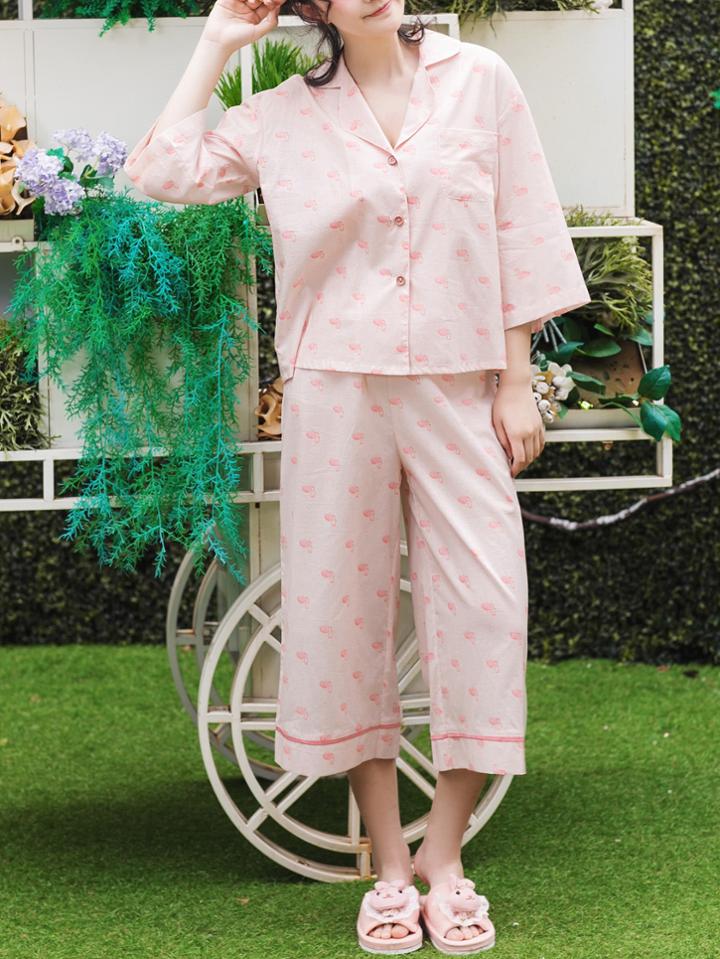 Shein Flamingo Print Shirt & Pants Pj Set