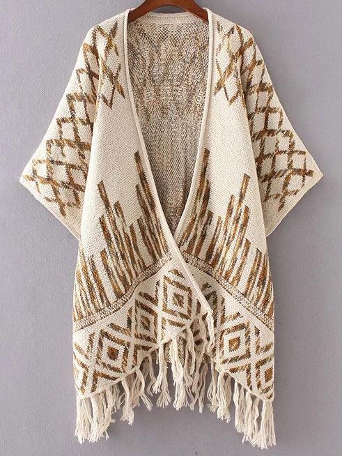 Shein Beige Diamond Pattern Fringe Hem Poncho Sweater