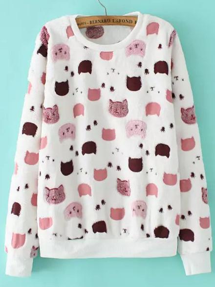 Shein Colour Round Neck Cubs Print Loose Sweatshirt