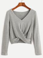 Shein Grey V Neck Twist Front Crop T-shirt