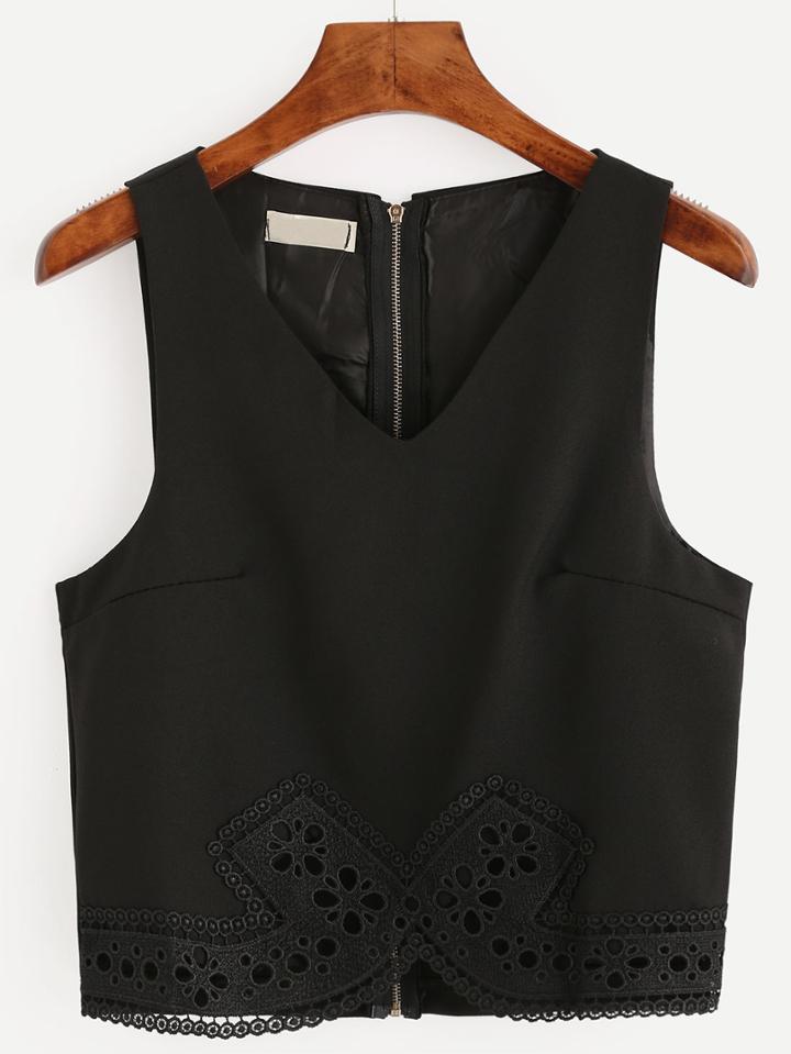 Shein Black V-neck Zip Back Lace Trimmed Tank Top