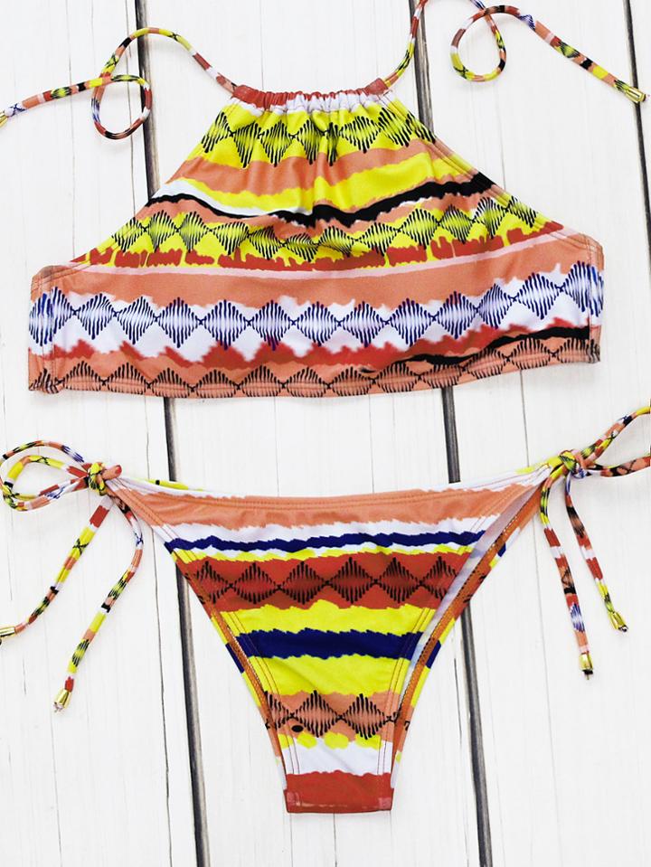 Shein Geometric Print Side Tie Halter Bikini Set