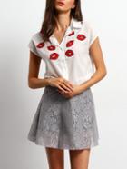 Shein White Lapel Short Sleeve Lips Print Blouse