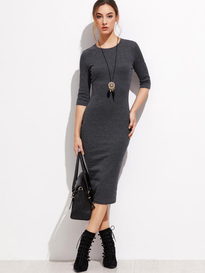 Shein Heather Grey Half Sleeve Casual Midi Dress